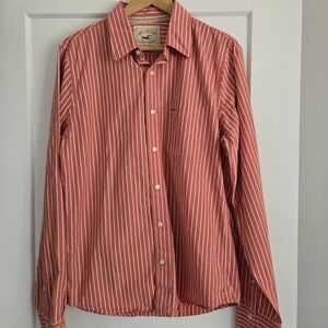 Hollister Cal. Men's Salmon Color 💯 Cotton Striped Button Up Long Sleeve Shirt